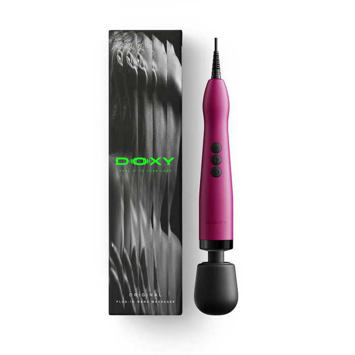 pink doxy wand with plug in beside box packaging