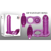 purple cock ring with anal plug attachment next to box