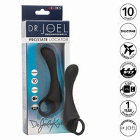 black prostate location vibrator with finger ring holder beside packaging