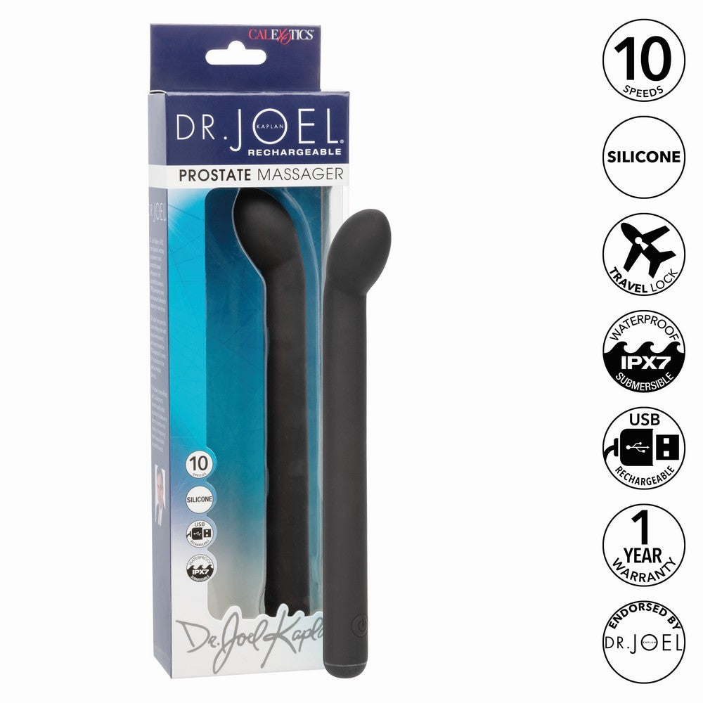 black long handle anal prostate vibrator with egg shaped head beside packaging