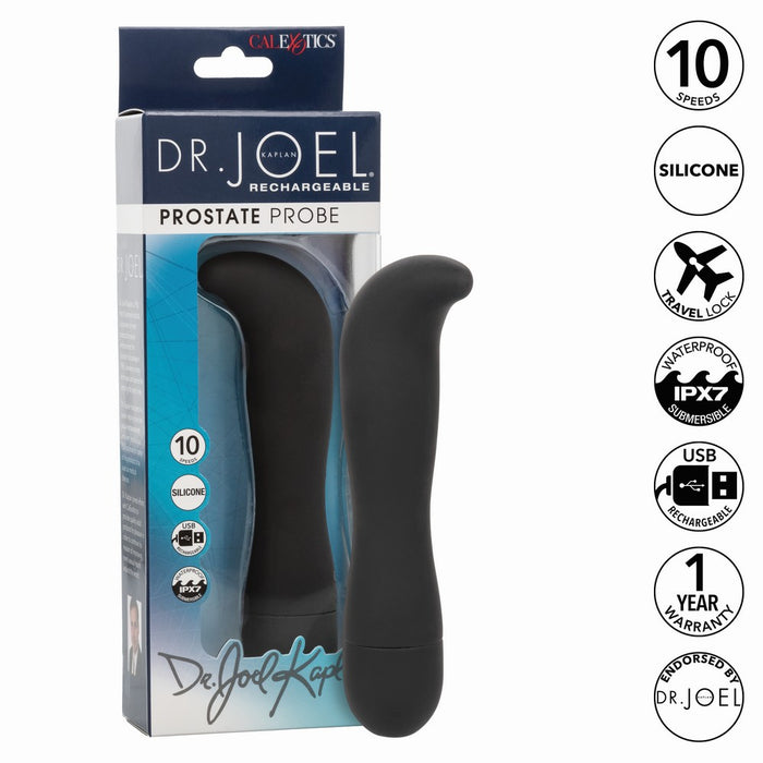 black anal prostate probe vibrator with tipped head beside packaging