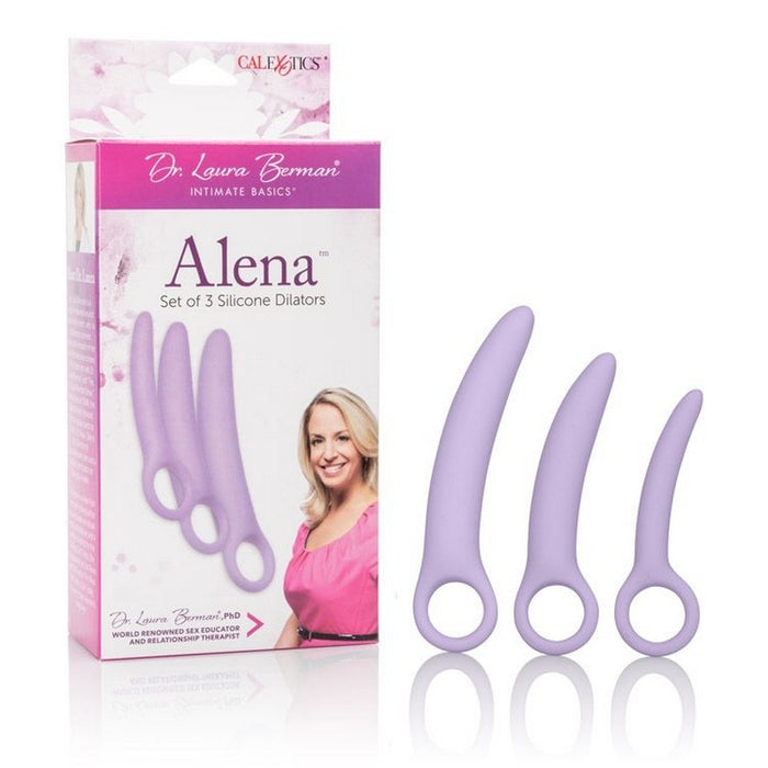3 lilac dilators with finger ring next to box