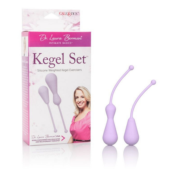 2 piece lilac kegel set 1 is a single kegel with a tail and the other is a dual kegel with a tail both are next to the box