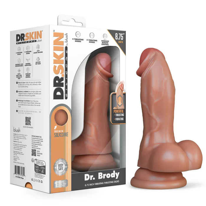 realistic thrusting dildo with suction cup base standing beside box packaging