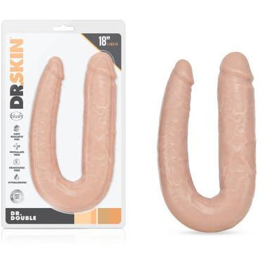 dr skin beige 18" u shaped double penetration dildo next to package