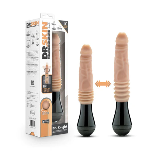 penis shaped vibrator with ridged thrusting motion with black bulb handle with box