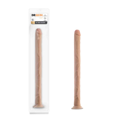 an extra long beige penis shaped dildo with a suction cup base shown next to its plastic packaging
