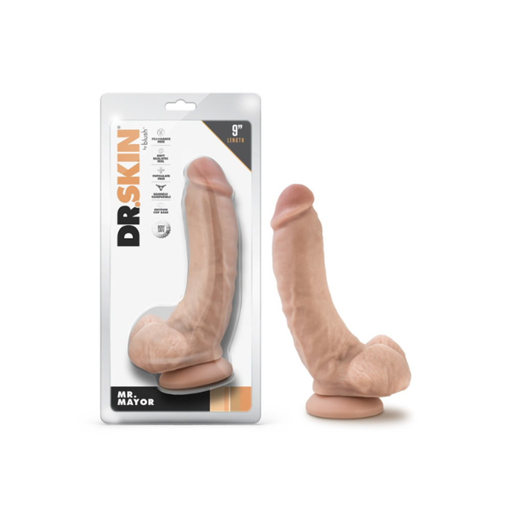 Beige silicone product with packaging labeled 'Dr. Skin' on a white background