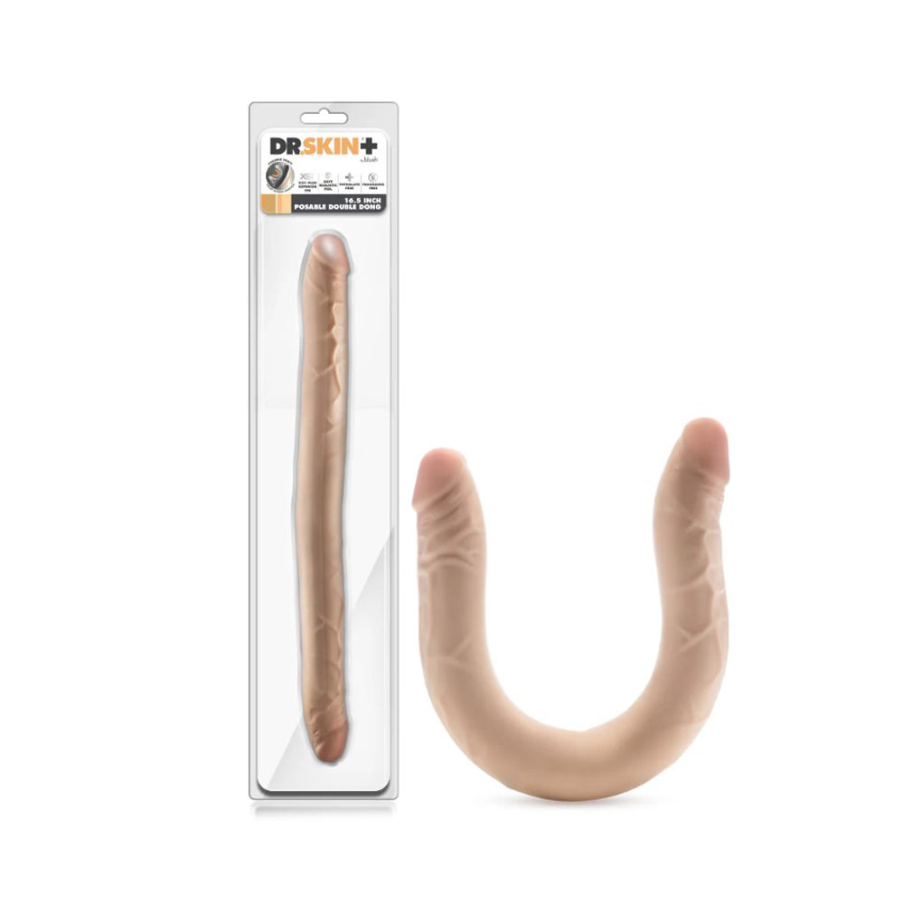 Silicone double ended dildo product with packaging labeled 'Dr Skin+' on a white background