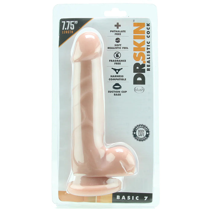 The product image shows the packaging of Dr Skin's Realistic Dildo, which is designed to look like a naturalistic pink phallus with a prominent head. The packaging is clear, allowing the product to be visibly inspected.
