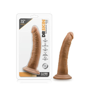 Brown silicone dr skin dildo 7.5" with packaging on a white background
