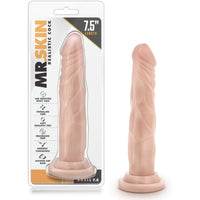 a beige penis shaped dildo with a suction cup base shown next to its plastic packaging