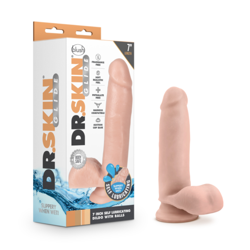 A flesh-toned silicone dildo standing next to its retail box on a clean white background. The packaging features the brand name 'Dr.
