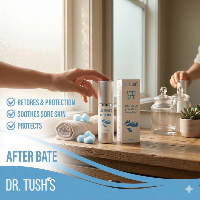 Dr. Tush’s After Bate lifestyle graphic featuring the aftercare gel and packaging with skin-soothing, restorative and protective benefits