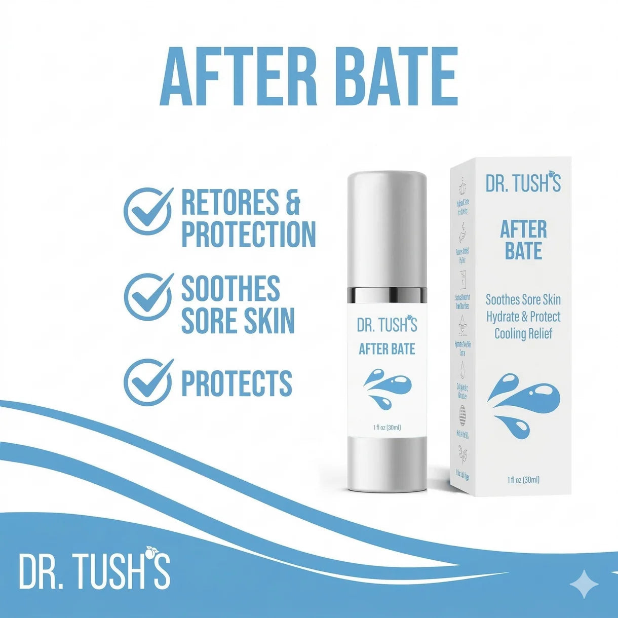 Dr. Tush’s After Bate benefits graphic highlighting skin restoration and protection, soothing relief for sore skin and post-play care.