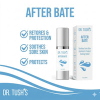 Dr. Tush’s After Bate benefits graphic highlighting skin restoration and protection, soothing relief for sore skin and post-play care.