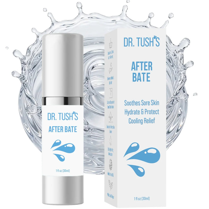 Dr. Tush’s After Bate 1 fl oz aftercare gel with white and blue packaging, designed to soothe, hydrate and protect sore skin.