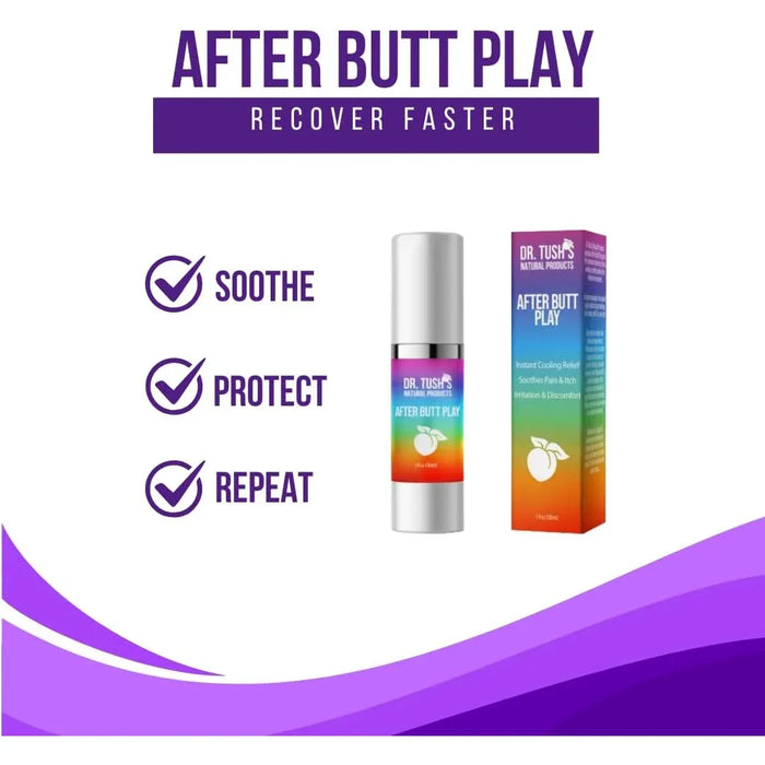 Dr. Tush’s After Butt Play recovery graphic highlighting soothe, protect and repeat benefits alongside the gel and packaging.