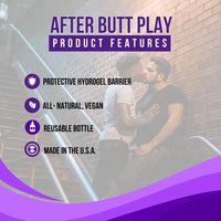 Dr. Tush’s After Butt Play product features graphic highlighting a protective hydrogel barrier, vegan formula, reusable bottle and USA manufacturing.