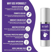 Dr. Tush’s After Butt Play hydrogel benefits graphic highlighting cooling hydration, moisture retention, protective barrier and non-greasy application.