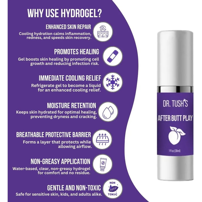 Dr. Tush’s After Butt Play hydrogel benefits graphic highlighting cooling hydration, moisture retention, protective barrier and non-greasy application.