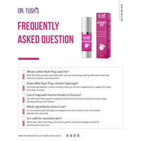 Dr. Tush’s After Butt Play FAQ graphic featuring product information, ingredients, benefits and sensitive-skin care guidance.