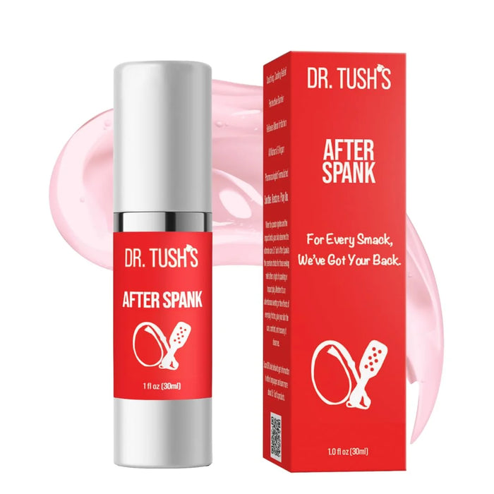Dr. Tush’s After Spank 1 fl oz soothing gel with red label and matching retail packaging for post-spanking skin care.