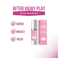 Dr. Tush’s After Vajay Play benefits graphic highlighting soothing, protection and relief for post-play intimate care.
