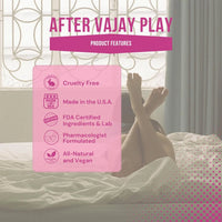 Dr. Tush’s After Vajay Play product features graphic highlighting cruelty-free, USA-made, vegan and pharmacologist-formulated qualities.