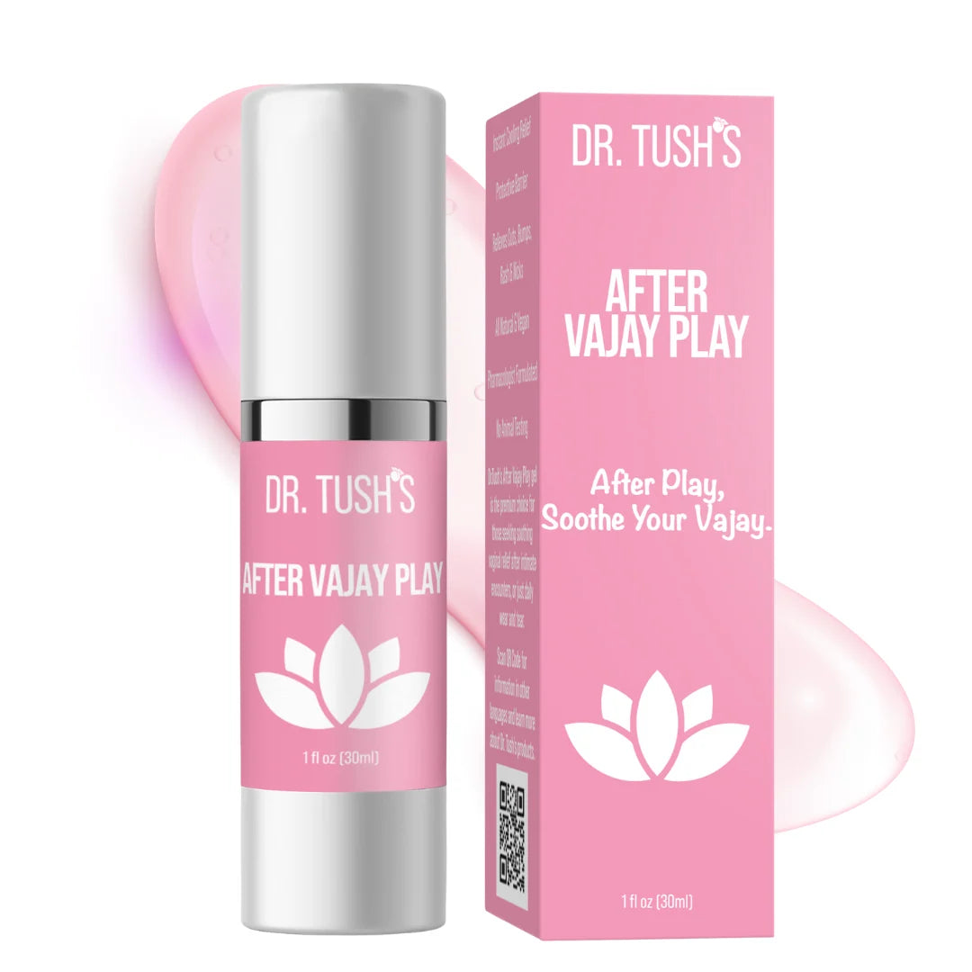 Dr. Tush’s After Vajay Play 1 fl oz soothing aftercare gel with pink packaging for post-intimacy care.