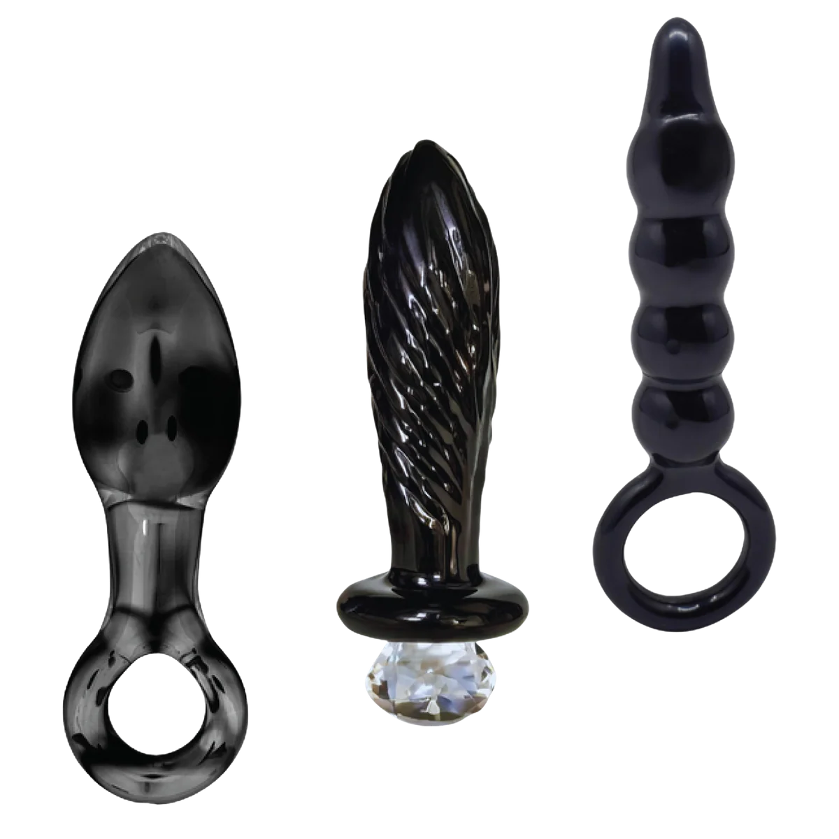 Three black glass butt plugs of different sizes on a white background