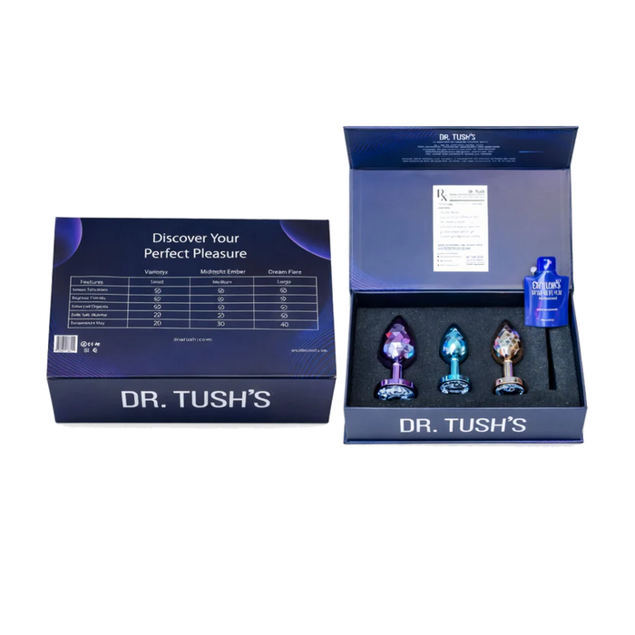 Dr. Tush's adult novelty product set shown with its packaging on a white background.
