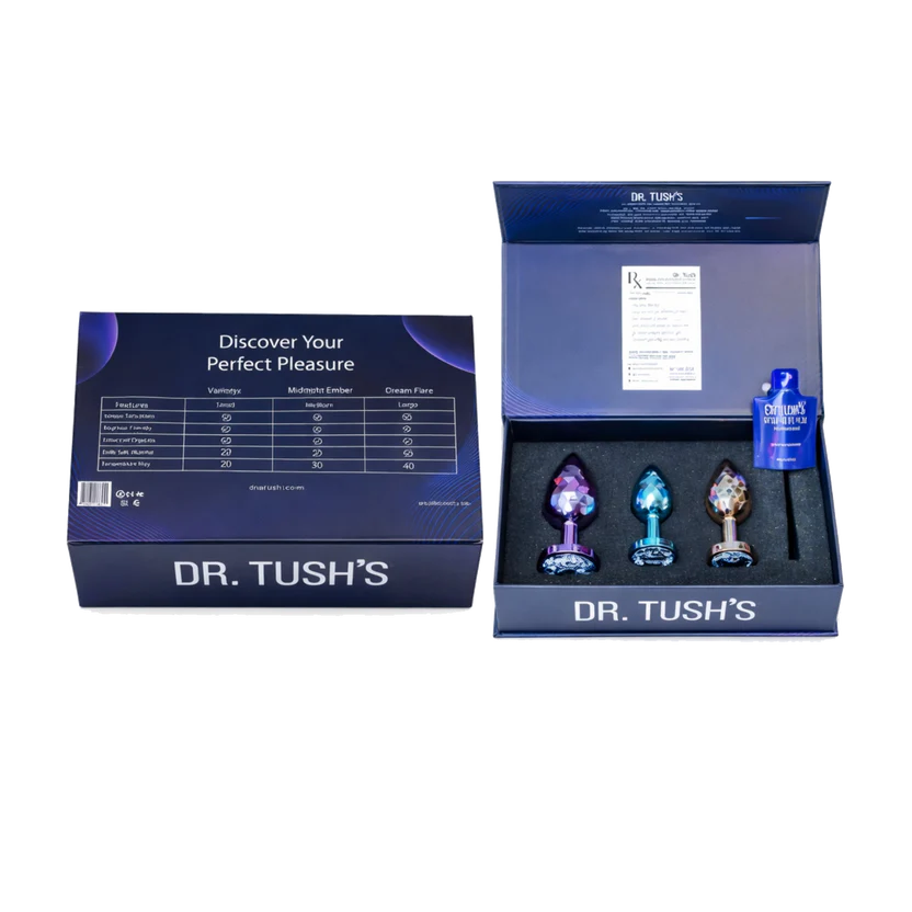 Dr. Tush's adult novelty product set shown with its packaging on a white background.