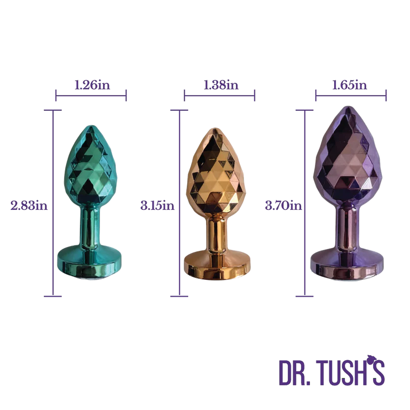 Three faceted teardrop-shaped butt plugs in green, gold, and purple, shown with dimension lines and measurements (1.26in, 1.