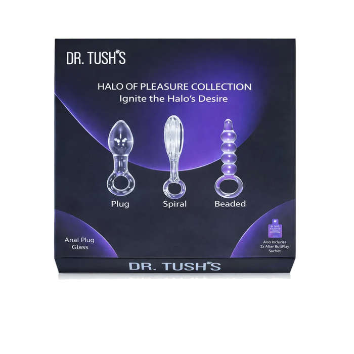 Box packaging for Dr. Tush's Halo of Pleasure Collection, showing three clear glass anal plugs labeled Plug, Spiral, and Beaded on a dark purple and black background.