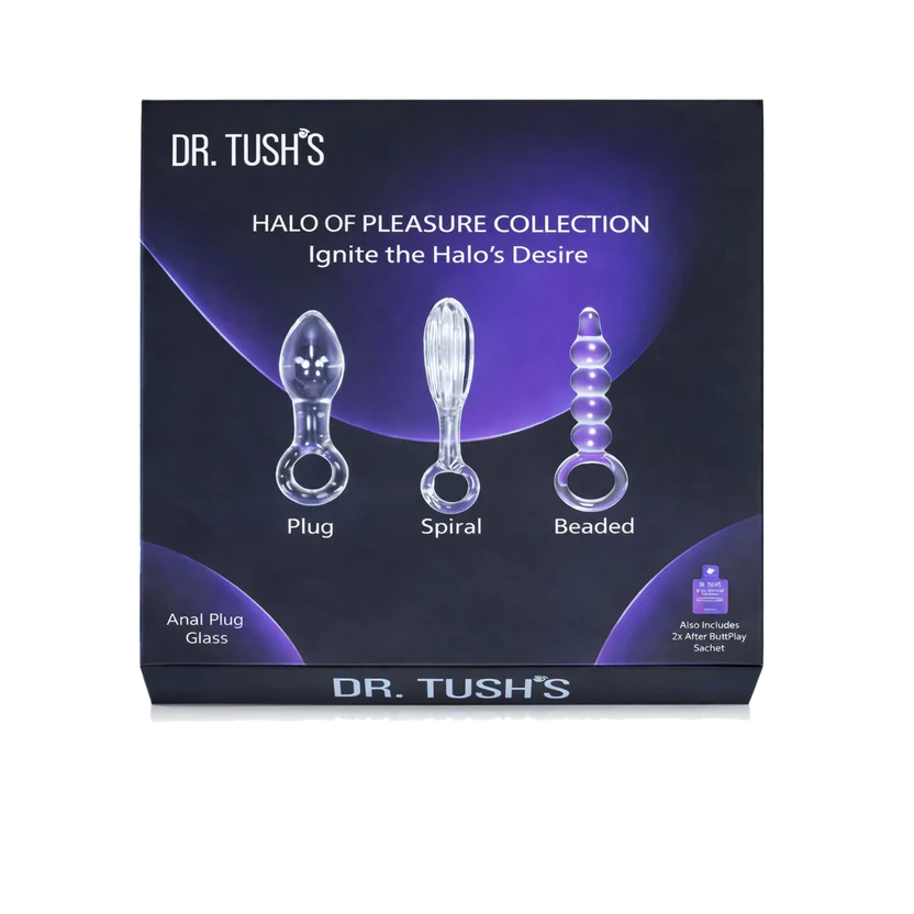 Box packaging for Dr. Tush's Halo of Pleasure Collection, showing three clear glass anal plugs labeled Plug, Spiral, and Beaded on a dark purple and black background.