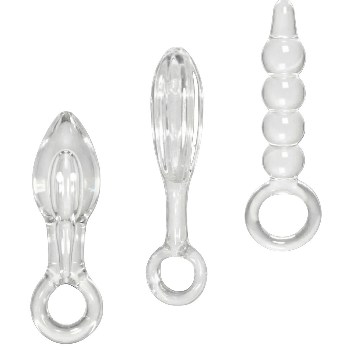 Set of three clear glass anal plugs on a white background