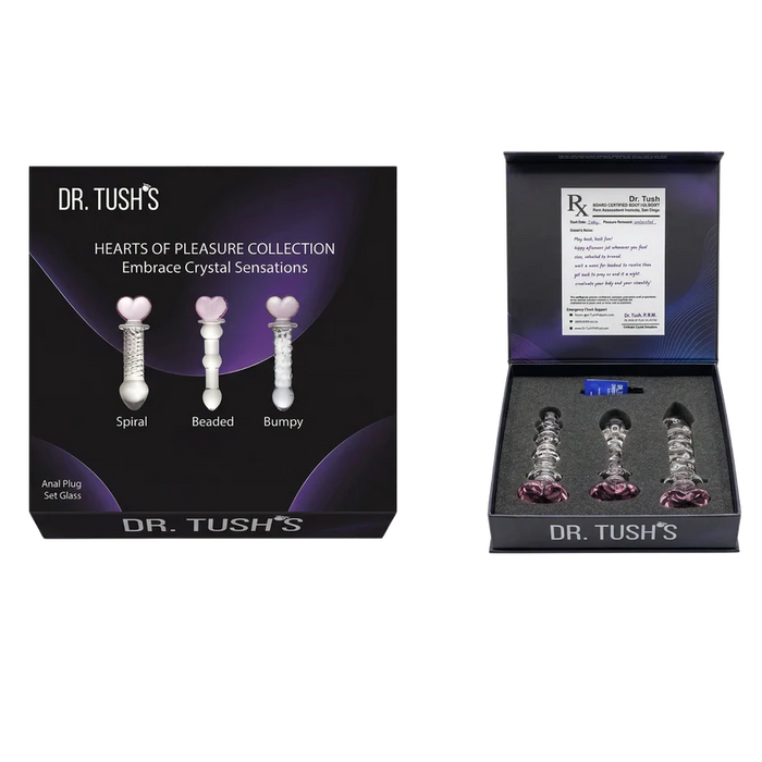 Dr. Tush's 'Hearts of Pleasure Collection' set containing three crystal anal plugs: a spiral, beaded, and bumpy design.