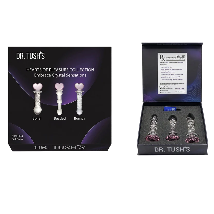 Dr. Tush's 'Hearts of Pleasure Collection' set containing three crystal anal plugs: a spiral, beaded, and bumpy design.