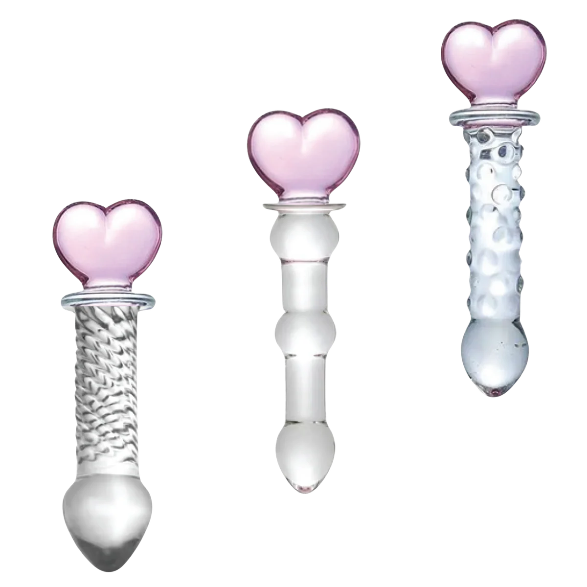 Three glass objects with heart-shaped ends on a white background