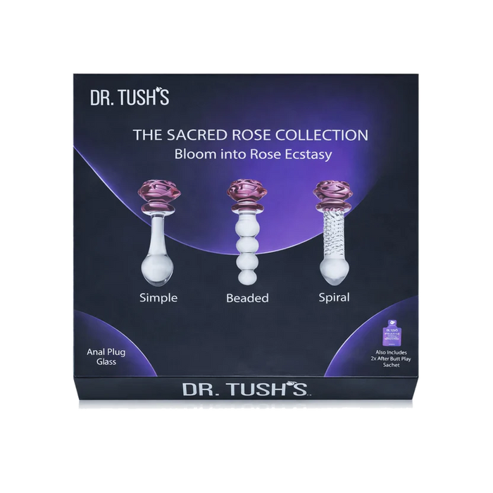 Box packaging for Dr. Tush's The Sacred Rose Collection, showing three glass anal plugs labeled Simple, Beaded, and Spiral with purple rose-shaped tops on a dark navy and purple background.