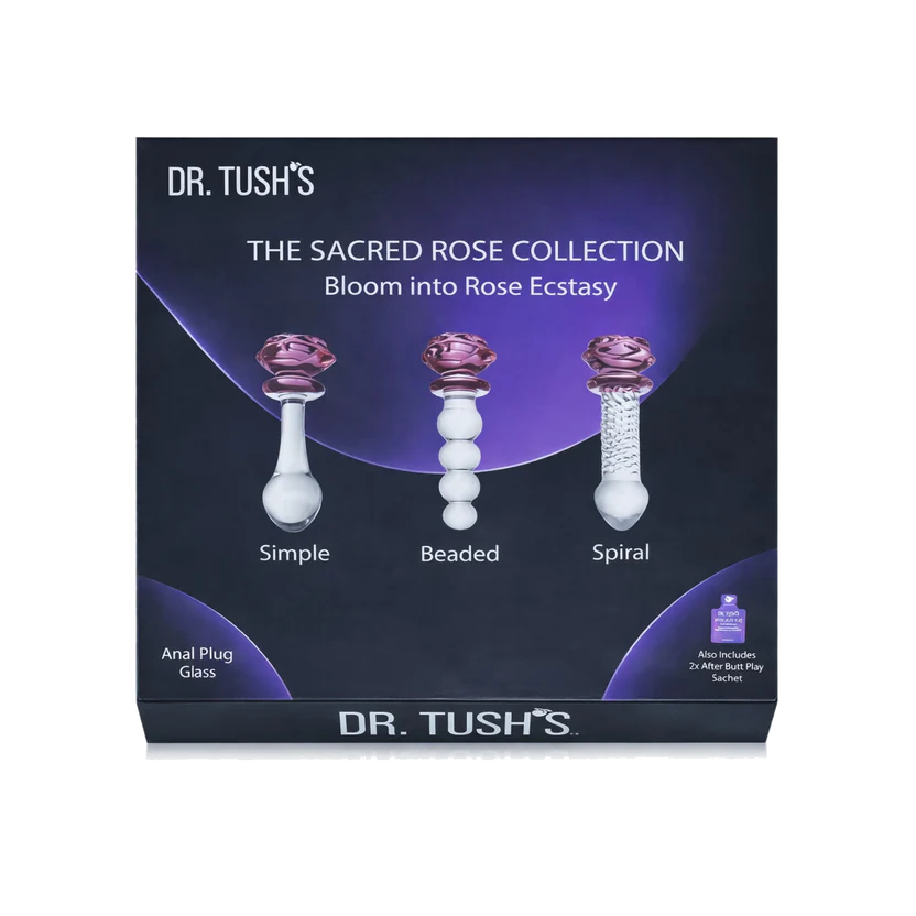 Box packaging for Dr. Tush's The Sacred Rose Collection, showing three glass anal plugs labeled Simple, Beaded, and Spiral with purple rose-shaped tops on a dark navy and purple background.