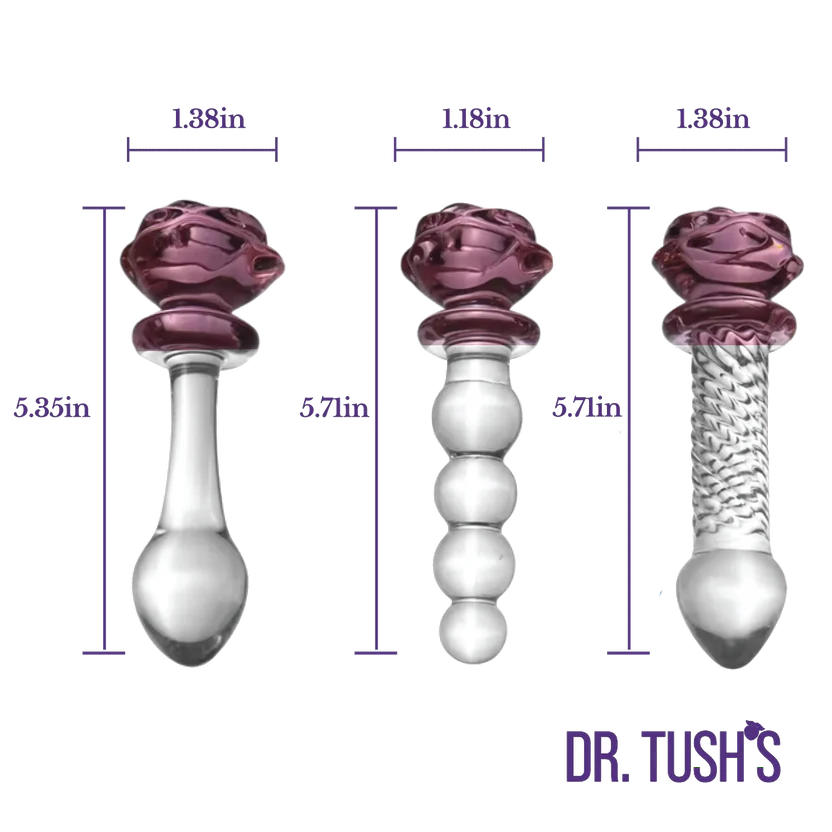 Three clear glass pelvic floor exercises beads with purple rose-shaped tops shown side by side with dimension labels and the brand name 'DR. TUSH'S' at the bottom right.