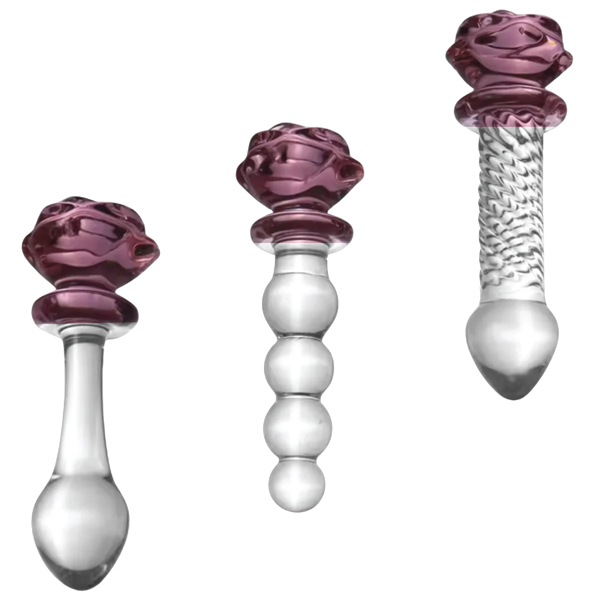 Three glass dildo accessories with purple and clear design on a white background