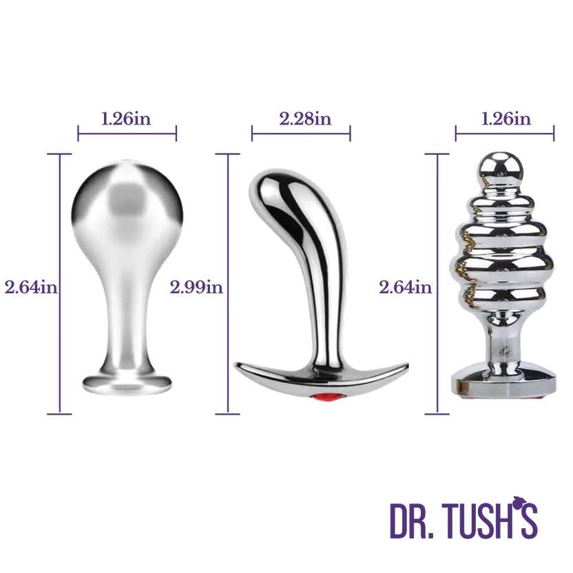 Three metallic anal plug variants with dimension callouts and purple measurement lines on a white background, plus the brand name DR. TUSH'S at the bottom right.
