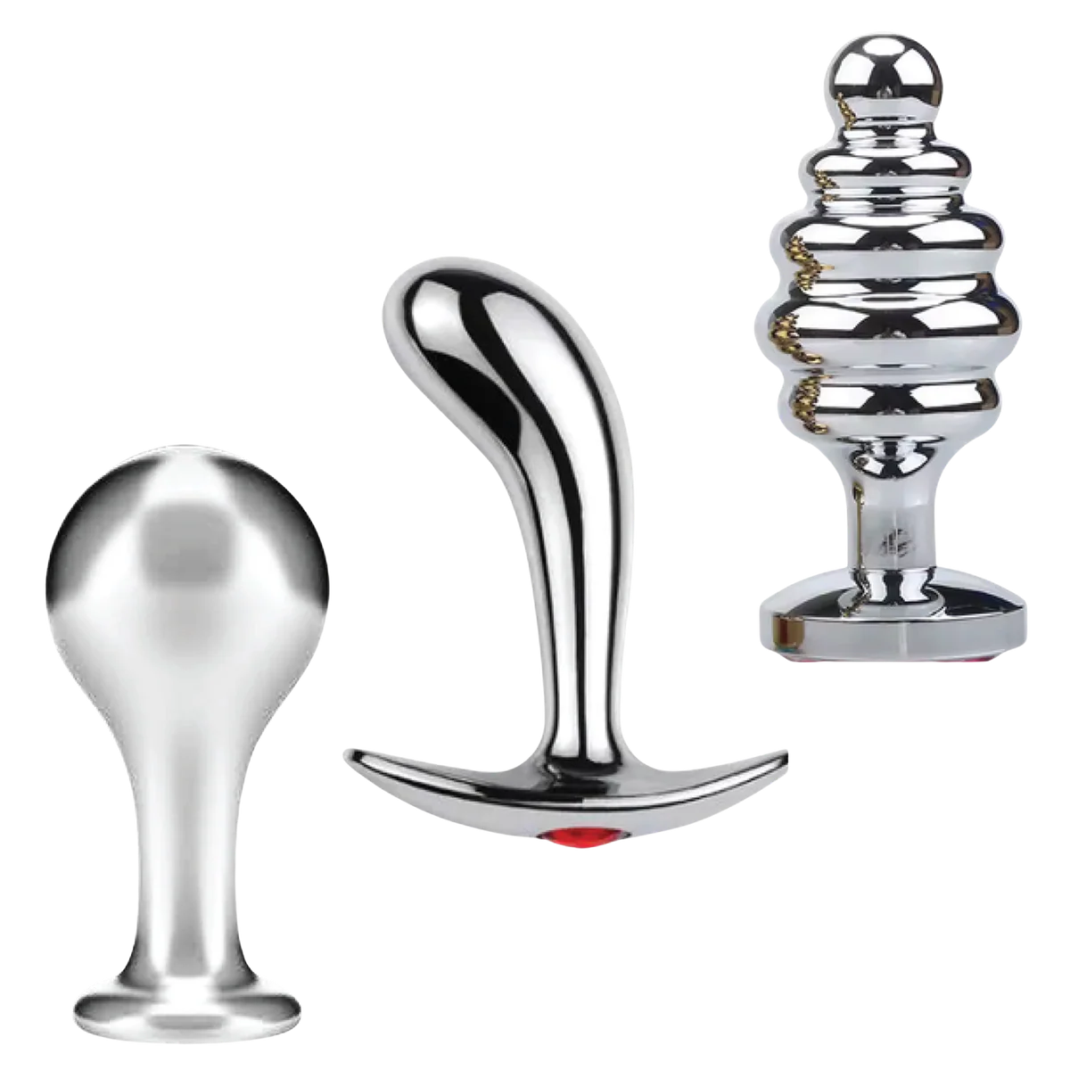Set of three metallic butt plugs on a white background