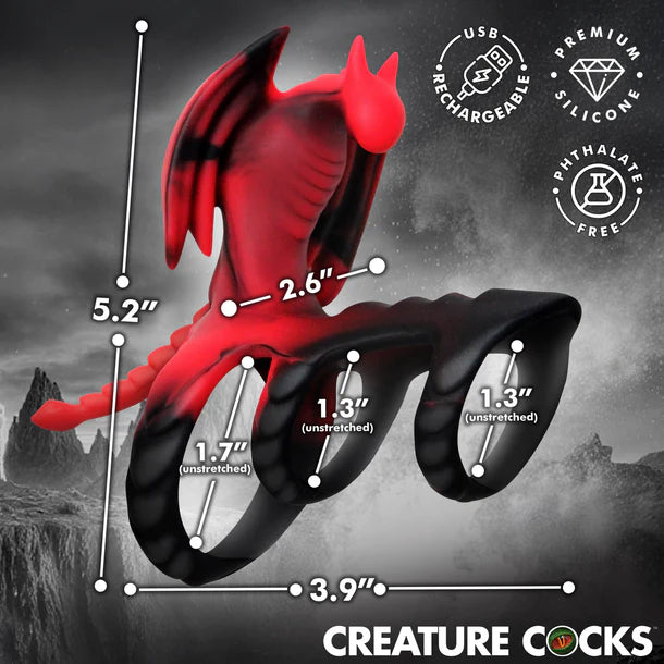Red and black silicone dragon flight cock ring with measurements and branding on a dark background