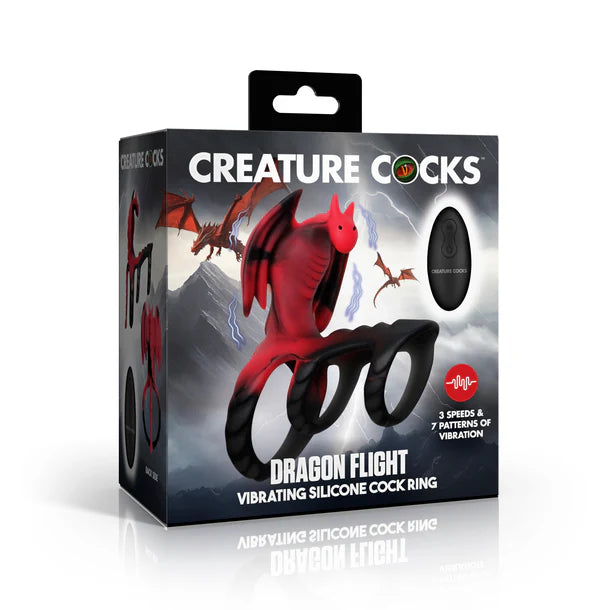 Box of 'Creature Cocks' dragon-themed silicone cock ring on a white background