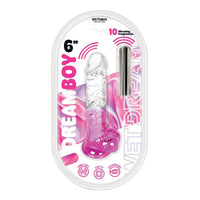 Pink and clear Dream Boy 6 dildo with packaging on a white background