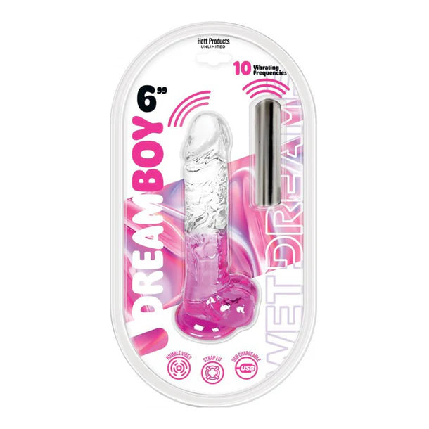 Pink and clear Dream Boy 6 dildo with packaging on a white background